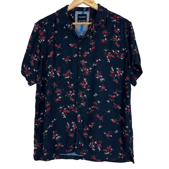 Denim & Flower Polo Shirt Mens L Blue Floral 100% Viscose Retro Indiepop - Picture 1 of 6